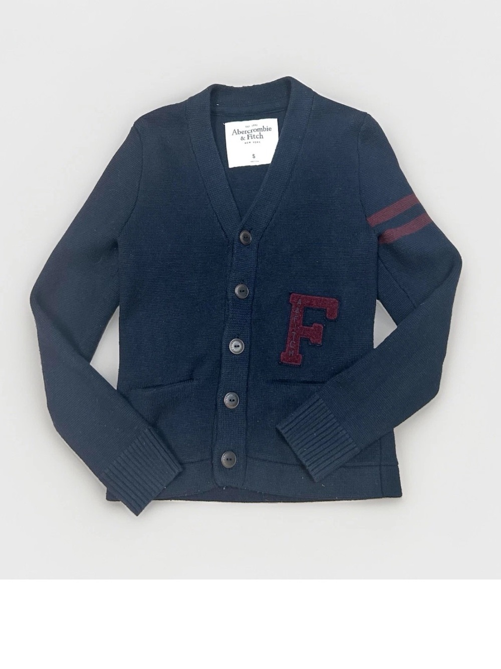 Vintage Abercrombie & Fitch Men Cardigan Sweater Blue Varsity Logo S Preppy Y2K